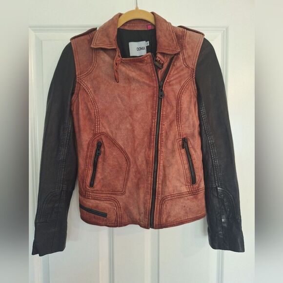 Doma Womens Leather Jacket Distressed Color Block 2 Tone Brown Black Moto Coat S - Picture 1 of 10